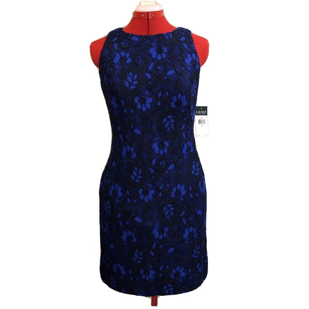 Ralph Lauren Floral Lace Navy Blue Sleeveless Dress Back Zip Women's Size 2